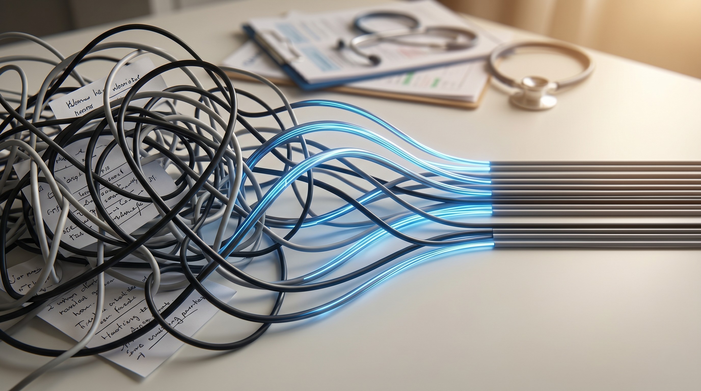 A tangle of lines unwinding into neat, ordered lines over faint stacked documents &mdash; a visual metaphor for untangling hidden administrative workload in general practice